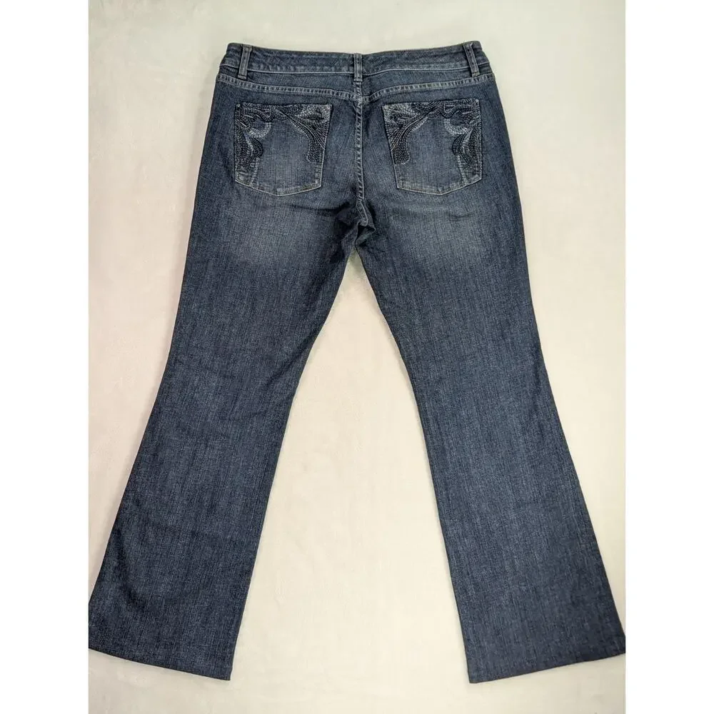 White House Black Market Blanc Bootcut Jeans 12R Blue Embroidered Pockets WHBM